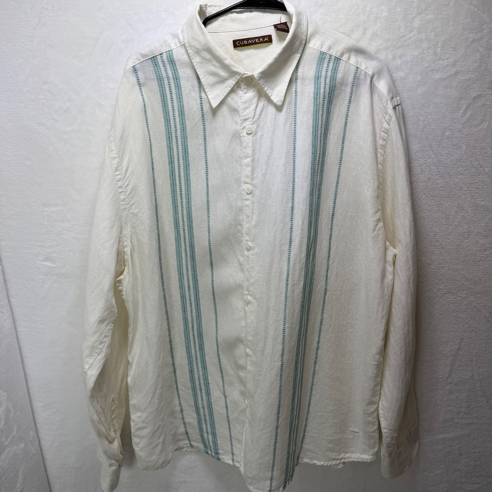 Cubavera Mens XXL 100% Linen Shirt Off White Long Sleeve Pineapple Button Up